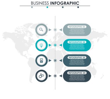 İş verileri, grafik. Grafiğin soyut öğeleri, 4 adımlı diyagram, strateji, seçenekler, parçalar veya süreçler. Sunu için vektör iş şablonu. Bilgi grafiği için yaratıcı konsept.