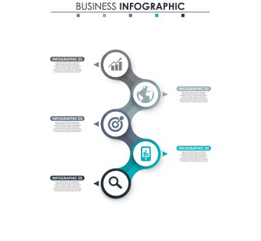 İş verileri, grafik. Grafiğin soyut öğeleri, 5 adımlı diyagram, strateji, seçenekler, parçalar veya süreçler. Sunu için vektör iş şablonu. Bilgi grafiği için yaratıcı konsept.
