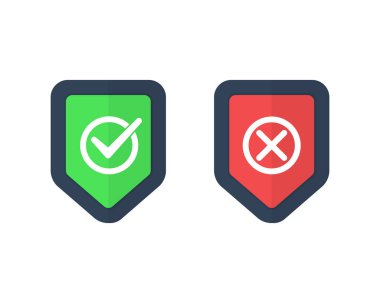 Shields and check marks icons set. Red and green shield with checkmark and x mark. Protect sensitive data, Internet security, reliability concepts. Flat design, vector illustration on background. clipart