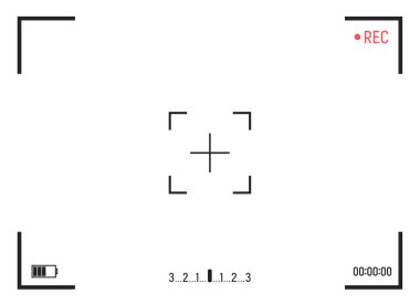 Kamera çerçevesi vizör ekranı. Şeffaf arka planda fotoğraf kamera çerçevesi ile video kaydedici dijital ekran. Vektör çizimi.