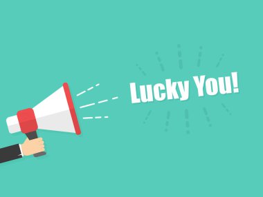 Erkek el şanslı konuşma kabarcık ile megafon tutan. Hoparlör. Banner iş, pazarlama ve reklam için. Vektör çizimi.