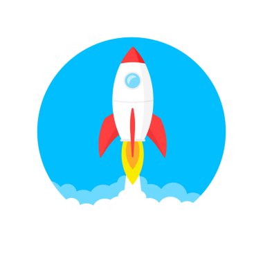 Başlangıç iş kavramı, roket veya rocketship başlatmak, fikir başarılı iş proje başlangıç, inovasyon stratejisi, alttan yukarıya ittirmek teknoloji, vektör çizim yaratıcı arka plan.