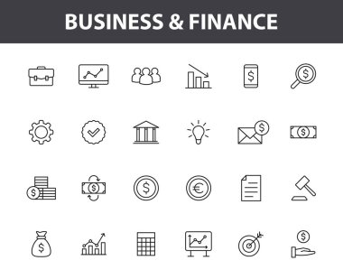 24 İş ve Finans web simgesinden oluşan bir set. Para, dolar, bilgi, bankacılık. Vektör illüstrasyonu.