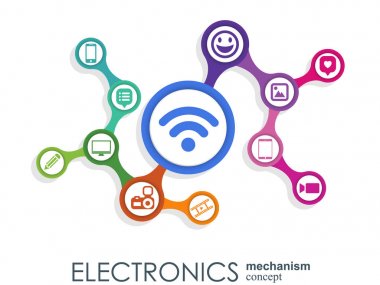 Elektronik mekanizma. Arka plan bağlı ve tümleşik düz simgeler. Bağlı sembolleri Monitor, telefon. Etkileşimli vektör çizim.