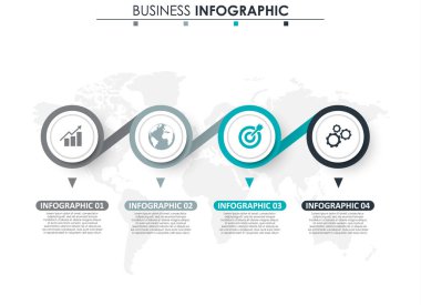 İş verileri, grafik. Grafiğin soyut öğeleri, 4 adımlı diyagram, strateji, seçenekler, parçalar veya süreçler. Sunu için vektör iş şablonu. Bilgi grafiği için yaratıcı konsept.