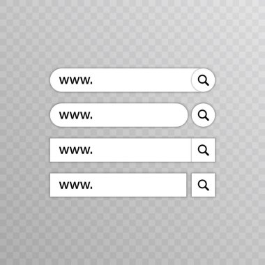 Www arama çubuğu simgelerini ayarlayın. Vektör çizimi beyaz arka planda yalıtılmış. web sitesi, uygulama, ui ve logo için www arama çubuğu simgesi. Kavram arama ve www.