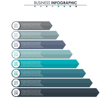 İş verileri, grafik. Grafiğin soyut öğeleri, 8 adımlı diyagram, strateji, seçenekler, parçalar veya süreçler. Sunu için vektör iş şablonu. Bilgi grafiği için yaratıcı konsept.