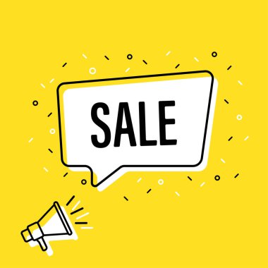 Satış konuşma balonu ile megafon tutan erkek el. Hoparlör. Banner iş, pazarlama ve reklam için. Vektör çizimi