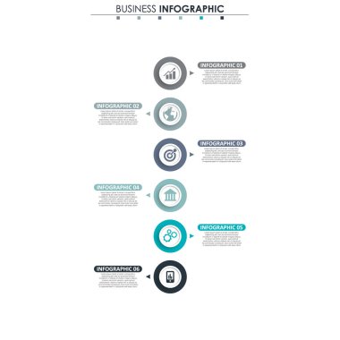 İş verileri, grafik. Grafiğin soyut öğeleri, 6 adımlı diyagram, strateji, seçenekler, parçalar veya süreçler. Sunu için vektör iş şablonu. Bilgi grafiği için yaratıcı konsept.