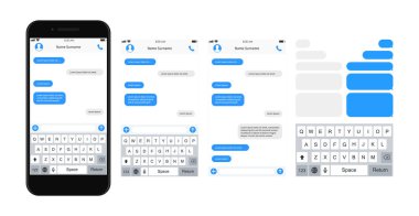 Smartphone sohbet şablonu kabarcıkları. SMS sohbet bestecisi. Mesaja kendi mesajınızı yazın. Telefon sohbeti baloncuk şablonları. Vektör illüstrasyonu.