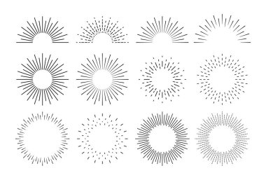 Güneş ışığı seti. En iyi kalite güneş kremi koleksiyonu. Yıldız, havai fişek patlaması, logo, amblem, etiket. Web afişi. Vektör İllüstrasyonu.