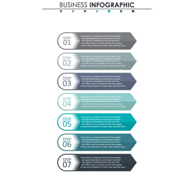 İş verileri, grafik. Grafiğin soyut öğeleri, 7 adımlı diyagram, strateji, seçenekler, parçalar veya süreçler. Sunu için vektör iş şablonu. Bilgi grafiği için yaratıcı konsept.