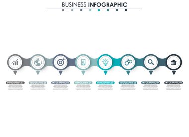 İş verileri, grafik. Grafiğin soyut öğeleri, 8 adımlı diyagram, strateji, seçenekler, parçalar veya süreçler. Sunu için vektör iş şablonu. Bilgi grafiği için yaratıcı konsept.