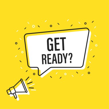 Hazır konuşma balonu ile megafon tutan erkek el. Hoparlör. Banner iş, pazarlama ve reklam için. Vektör çizimi.