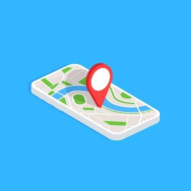 Cep Telefonunda GPS navigasyon uygulama. İzometrik smartphone üzerinde mavi arka plan izole. Takip sistemi. Vektör çizim.