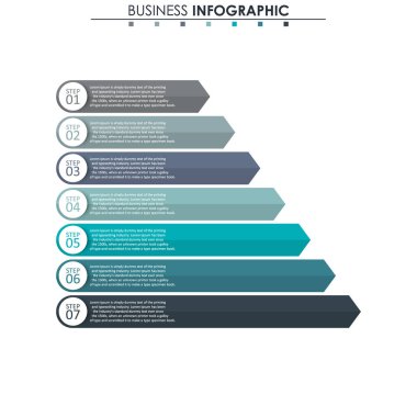 İş verileri, grafik. Grafiğin soyut öğeleri, 7 adımlı diyagram, strateji, seçenekler, parçalar veya süreçler. Sunu için vektör iş şablonu. Bilgi grafiği için yaratıcı konsept.