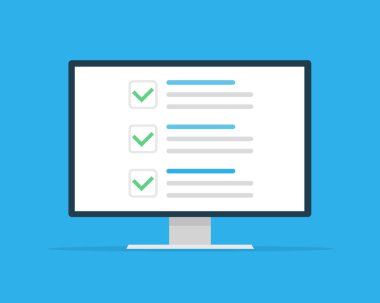 Denetim listesi tarayıcı penceresi. Onay işareti. Monitör ekranında beyaz onay. Seçim, anket kavramları. Web afiş, web siteleri, infographics için öğeler. Düz tasarım, arka planda vektör çizimi.
