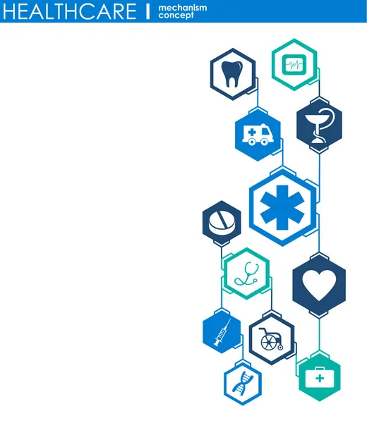 Gezondheidszorg mechanisme concept. Abstracte achtergrond met aangesloten versnellingen en pictogrammen voor medisch, gezondheid, strategie, zorg, geneeskunde, netwerk, sociale media en wereldwijde concepten. Vector infographic. — Stockvector