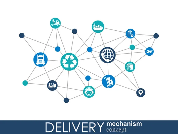 Concepto de mecanismo de entrega. Antecedentes abstractos con engranajes e iconos conectados para conceptos logísticos, de servicio, estrategia, envío, distribución, transporte, mercado, comunicación. Vector interactivo . — Vector de stock