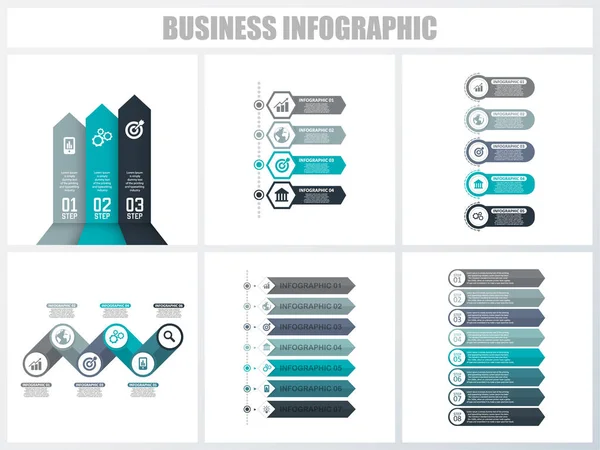 Infografías abstractas número de opciones plantilla 3, 4, 5, 6, 7, 8. Ilustración vectorial. Se puede utilizar para el diseño del flujo de trabajo, diagrama, opciones de pasos de negocio de estrategia, banner y conjunto de diseño web . — Vector de stock