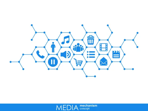 Medienmechanismus-Konzept. Wachstum abstrakter Hintergrund mit integrierten Metabällen, integriertem Icon für Digital, Strategie, Internet, Netzwerk, Connect, Communication, Technologie, globale Konzepte. — Stockvektor