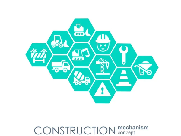 Red de construcción. Fondo abstracto hexágono con líneas, polígonos e iconos planos integrados. Símbolos conectados para conceptos de construcción, industria, arquitectura, ingeniería. Vector . — Archivo Imágenes Vectoriales