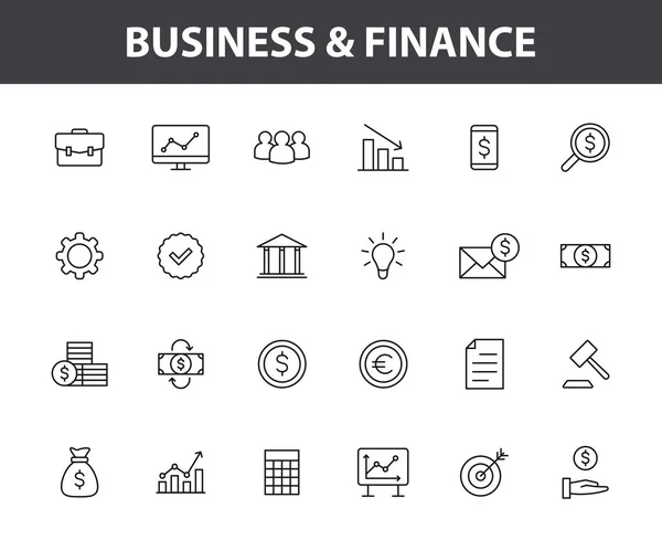 Set di 24 icone web Business e Finance in stile line. Denaro, dollaro, infografica, bancaria. Illustrazione vettoriale. — Vettoriale Stock