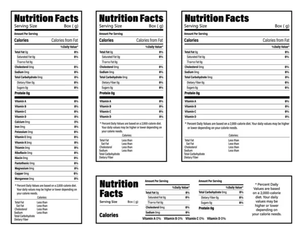 Etiqueta de información nutricional para caja. Valor diario ingrediente calorías, colesterol y grasas en gramos y por ciento. Diseño plano, ilustración vectorial sobre fondo . — Vector de stock