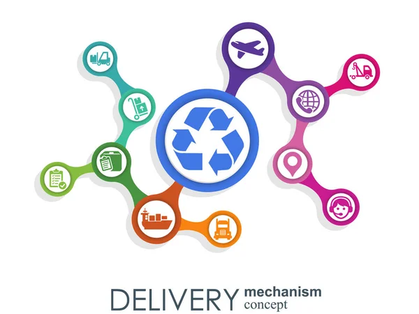 Delivery mechanism concept. Abstract background with connected gears and icons for logistic, service, strategy, shipping, distribution, transport, market, communicate concepts. Vector interactive. — Stock Vector