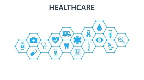 ヘルスケアの概念。抽象的な六角形は、医療、健康、戦略、介護、医学、健康、クロス、dna、ポスター、web バナー アイコンが医学および科学の背景を形作る。ベクトル図. — ストックベクタ