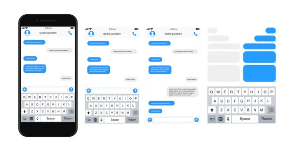 Smartphone sohbet şablonu kabarcıkları. SMS sohbet bestecisi. Mesaja kendi mesajınızı yazın. Telefon sohbeti baloncuk şablonları. Vektör illüstrasyonu.
