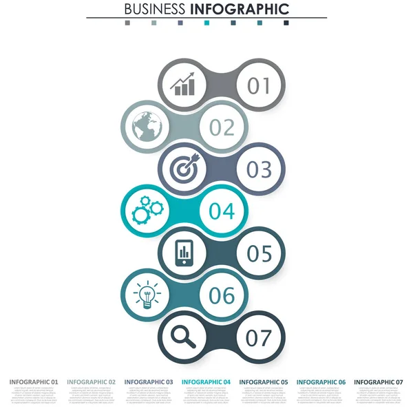 İş verileri, grafik. Grafiğin soyut öğeleri, 7 adımlı diyagram, strateji, seçenekler, parçalar veya süreçler. Sunu için vektör iş şablonu. Bilgi grafiği için yaratıcı konsept.