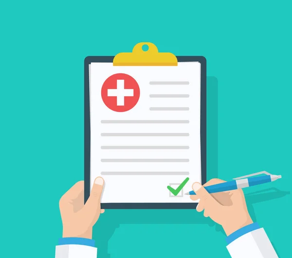 Doctor hold clipboard and takes notes on it. Medical report. Checklist. Flat design, vector illustration on background. Best quality. — Stock Vector