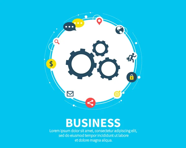 Business concept. Abstract background with connected gears and icons for strategy, service, analytics, research, seo, digital marketing, communicate concepts. Vector infographic illustration. — Stock Vector