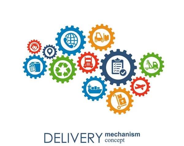 Levering mechanisme concept. Abstracte achtergrond met aangesloten versnellingen en pictogrammen voor logistiek, service, strategie, verzending, distributie, vervoer, markt, communiceren concepten. Vector interactieve. — Stockvector