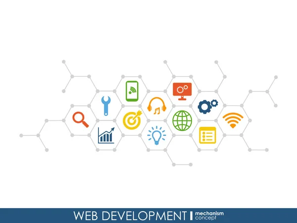 Web fejlesztés fejlődés fogalmát. Grafikai tervezés sorban növekedés rendszer kapcsolódik. Absztrakt háttér seo, honlap, app design. Vektoros Infograph. — Stock Vector