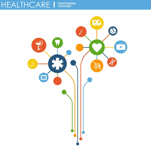 Gezondheidszorg mechanisme concept. Abstracte achtergrond met aangesloten versnellingen en pictogrammen voor medisch, gezondheid, strategie, zorg, geneeskunde, netwerk, sociale media en wereldwijde concepten. Vector infographic. — Stockvector