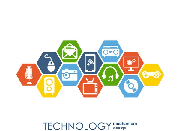 Concepto de mecanismo tecnológico. Antecedentes abstractos con engranajes e iconos integrados para lo digital, estrategia, internet, red, conexión, comunicación, redes sociales y conceptos globales. Infografía vectorial . — Vector de stock