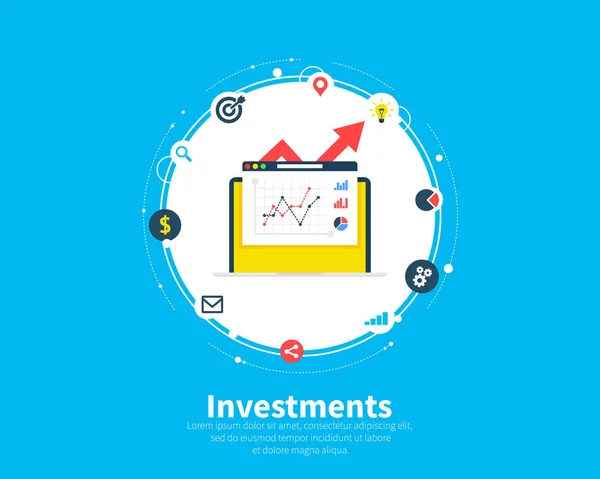 Pénzügyi befektetések koncepciója, marketing, analízis, a betétek biztonsága, garanciavállalás pénzügyi megtakarítások és pénzforgalom. Innovációba történő beruházás. Flat rajzfilm tervezés, vektoros illusztráció — Stock Vector