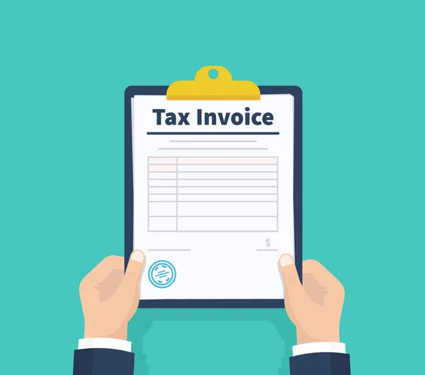 Man hold Tax Invoice. Checklist. Payment and invoicing, business or financial operations sign. Holding the clipboard. Paperwork, sheets in folder. Vector illustration. — Stock Vector