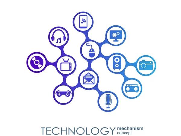 Conceito de mecanismo de tecnologia. Antecedentes abstratos com engrenagens e ícones integrados para conceitos digitais, de estratégia, internet, rede, conexão, comunicação, mídias sociais e globais. Infográfico vetorial . —  Vetores de Stock