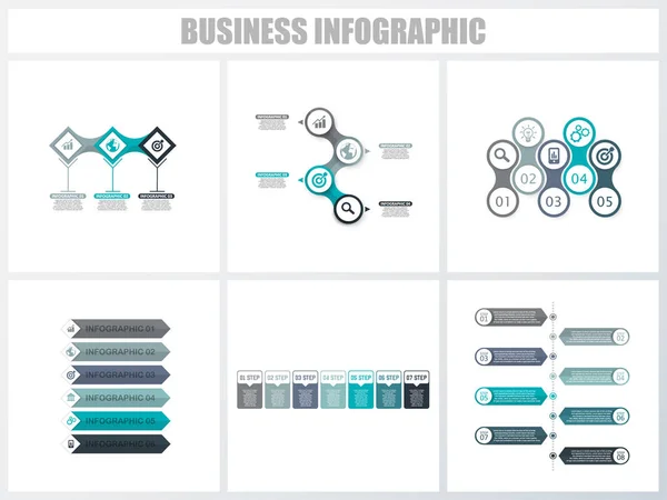 Infográficos abstratos opções de número modelo 3, 4, 5, 6, 7, 8. Ilustração vetorial. Pode ser usado para layout de fluxo de trabalho, diagrama, opções de passo de negócios de estratégia, banner e conjunto de design web . — Vetor de Stock