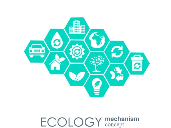 Ekologi mekanism koncept. abstrakt bakgrund med anslutna växlar och ikoner för miljövänlig, energi, miljö, grön, återvinna, bio och globala begrepp. vektor infographic illustration. — Stock vektor