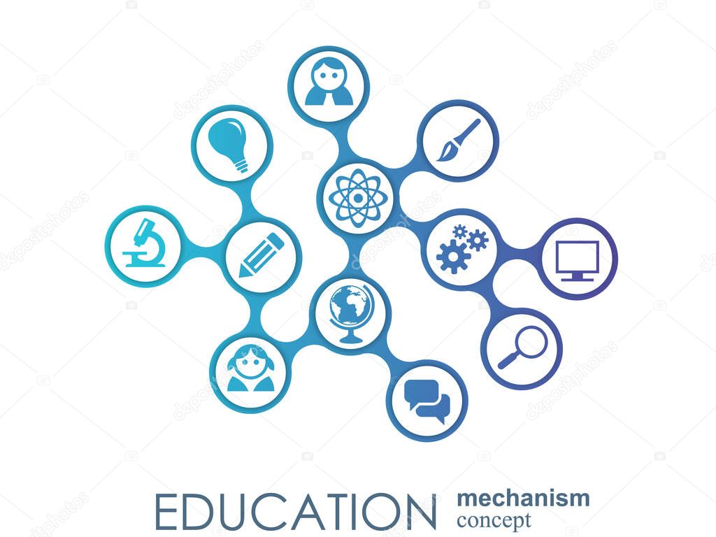 Education network. Hexagon abstract background with lines, polygons, and integrate flat icons. Connected symbols for elearning, knowledge, learn and global concepts. Vector interactive illustration.