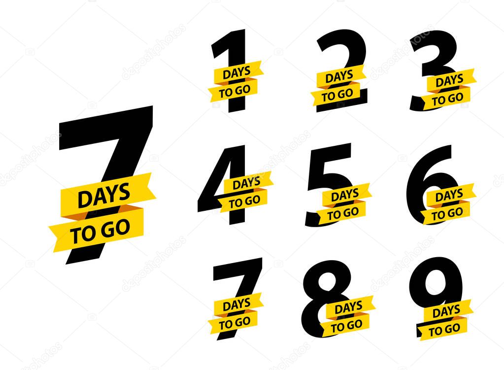 Number 1, 2, 3, 4, 5, 6, 7, 8, 9, 10, of days left to go. Collection badges sale, landing page, banner. Vector illustration.