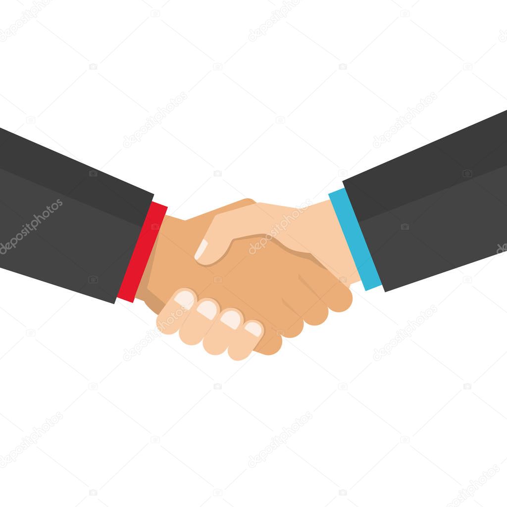 Handshake business vector illustration, symbol of success deal, agreement, good deal, happy partnership, greeting shake, casual handshaking agreement flat sign design isolated on white background.