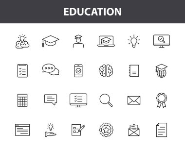 24 Eğitim ve Öğrenme web simgelerinden oluşan bir set. Okul, üniversite, ders kitabı, öğrenme. Vektör illüstrasyonu.