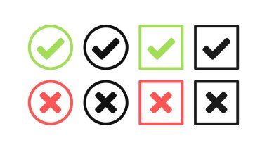 Yeşil onay işareti ve kırmızı çapraz simge kümesi. Daire ve kare. Yeşil renkte kene sembolü, vektör çizimi.