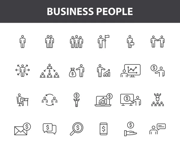 Conjunto de 24 pessoas de negócios e ícones web de trabalho em equipe em estilo de linha. Negócios, trabalho em equipe, liderança, gerente. Ilustração vetorial. — Vetor de Stock