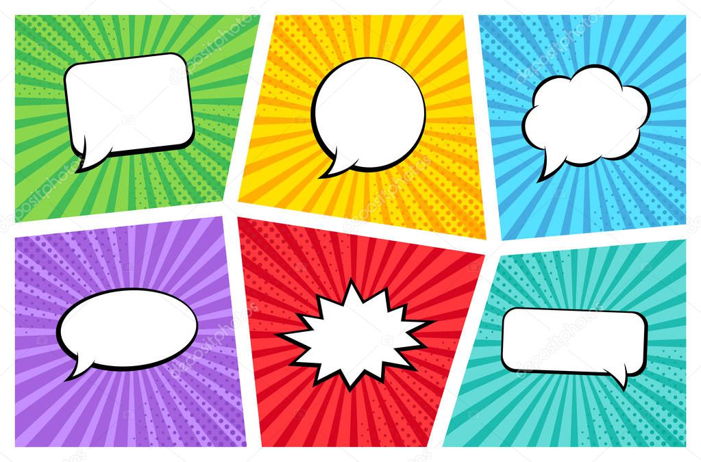 Comic rays with speech bubbles set. Comic superhero bubble. Comics page layout. Rays, radial, halftone. Vector illustration.